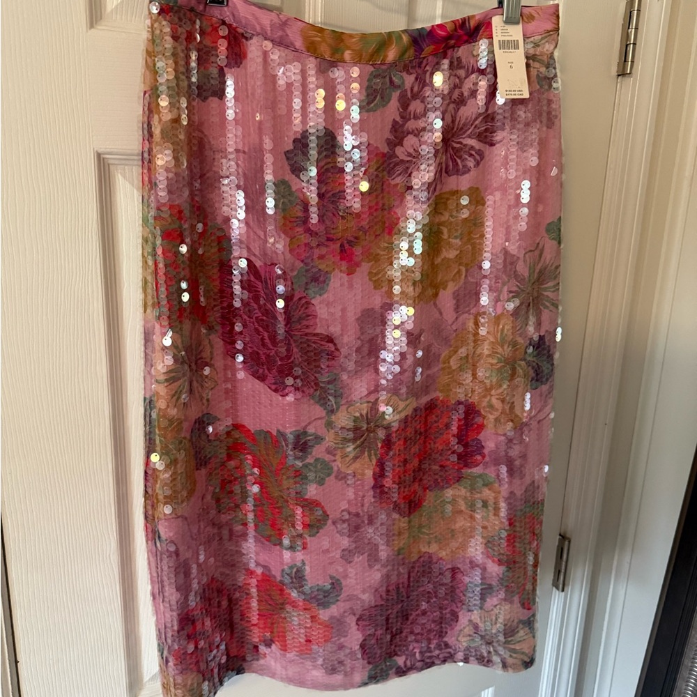 Pink Anthropologie Floral Sequin Pencil Skirt - Picture 2 of 4
